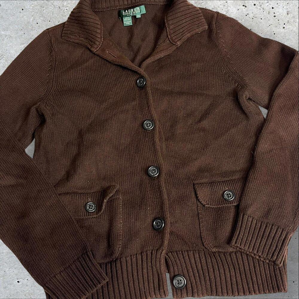 Lauren Ralph Lauren Brown Button-Front Shawl Collar Cardigan